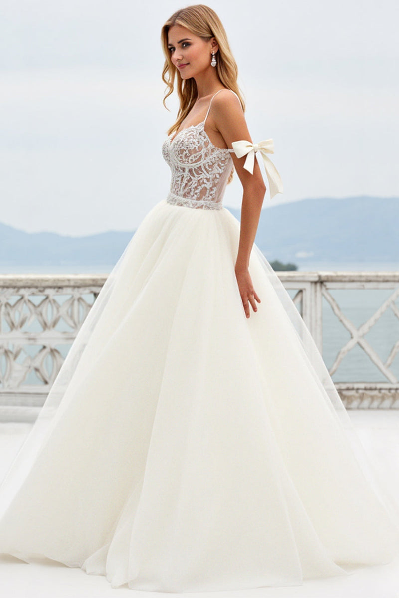 Load image into Gallery viewer, Beach Ivory A-Line Spaghetti Straps Bows Laced Tulle Wedding Dress With Slit