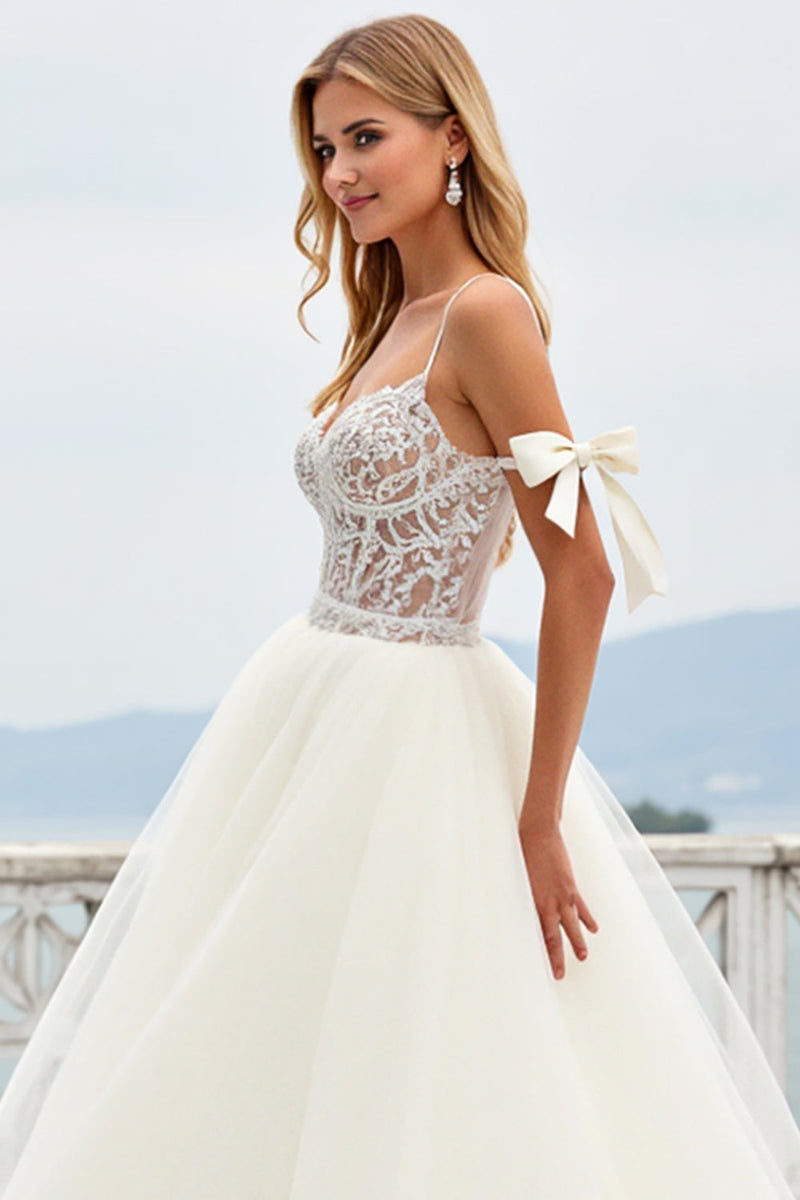 Load image into Gallery viewer, Beach Ivory A-Line Spaghetti Straps Bows Laced Tulle Wedding Dress With Slit