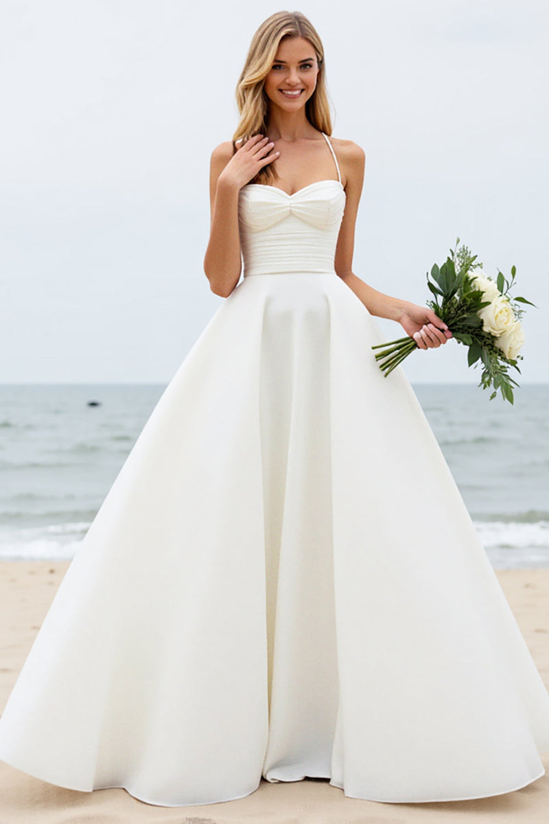 Load image into Gallery viewer, Ivory A-Line Spaghetti Straps Ruched Satin Wedding Dress