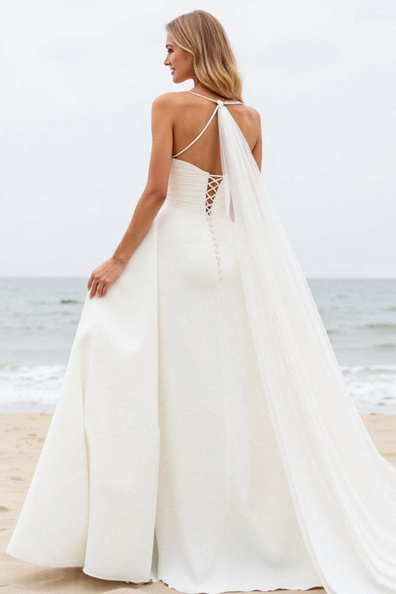Load image into Gallery viewer, Ivory A-Line Spaghetti Straps Ruched Satin Wedding Dress