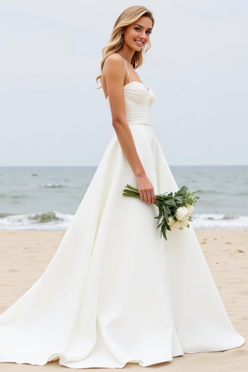 Load image into Gallery viewer, Ivory A-Line Spaghetti Straps Ruched Satin Wedding Dress