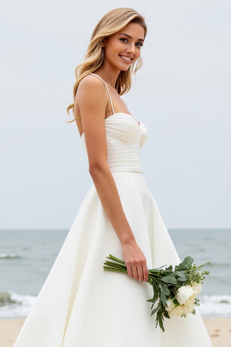 Load image into Gallery viewer, Ivory A-Line Spaghetti Straps Ruched Satin Wedding Dress