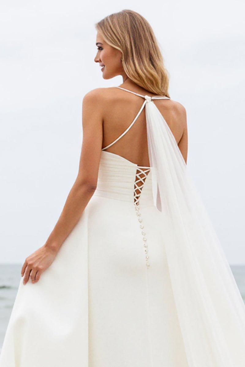Load image into Gallery viewer, Ivory A-Line Spaghetti Straps Ruched Satin Wedding Dress