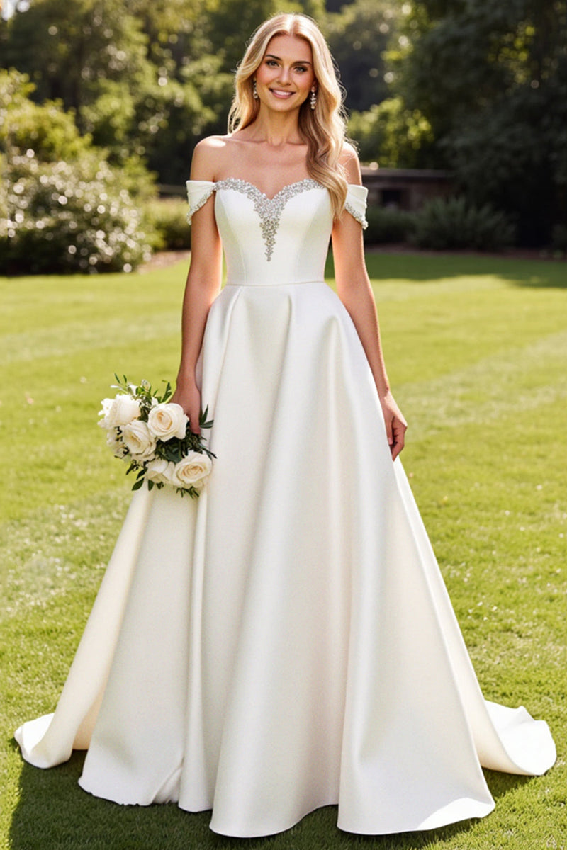 Load image into Gallery viewer, Ivory A-Line Off The Shoulder Satin Wedding Dress with Rhinestones