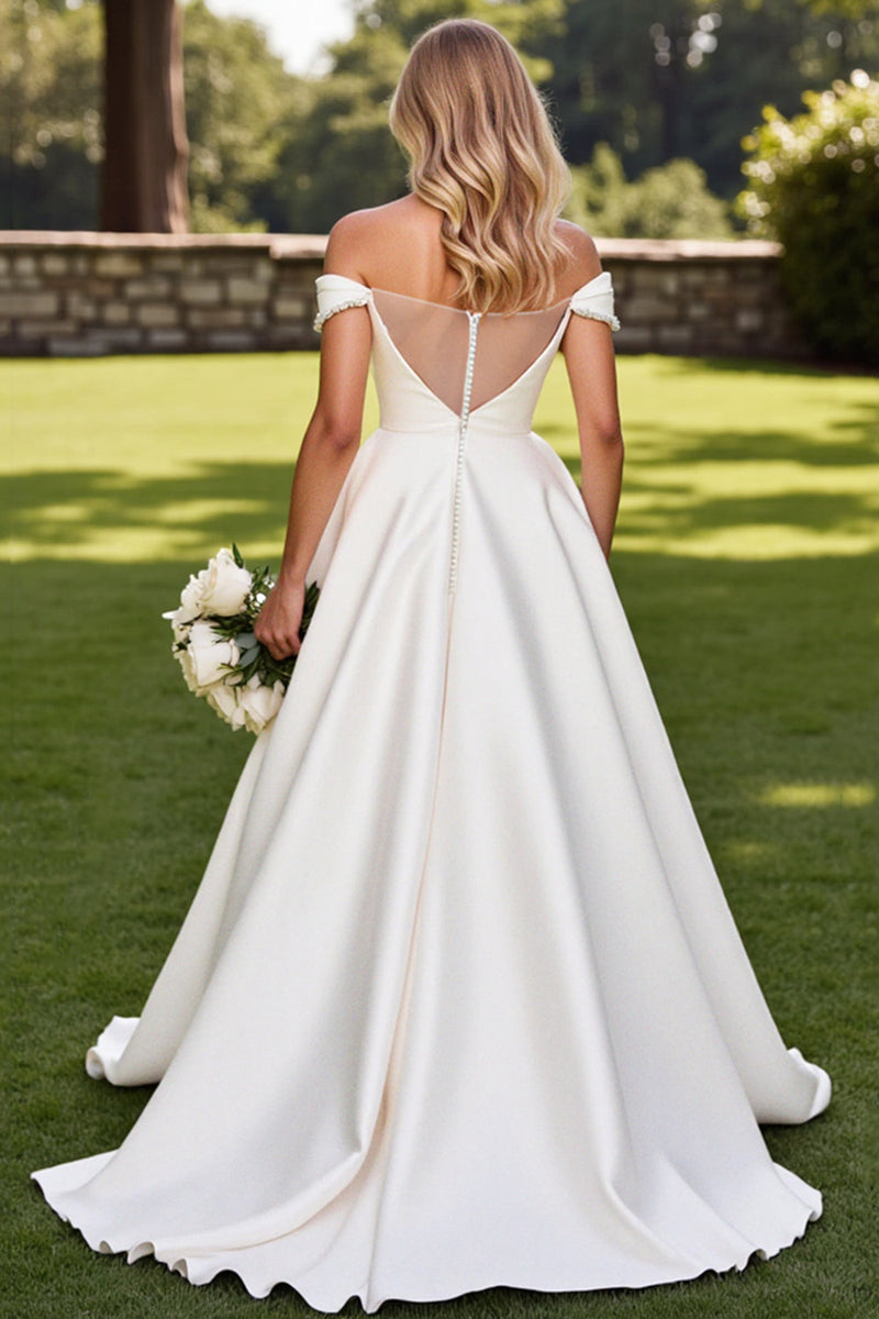 Load image into Gallery viewer, Ivory A-Line Off The Shoulder Satin Wedding Dress with Rhinestones
