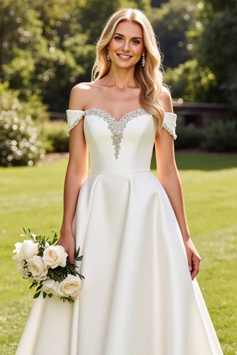 Load image into Gallery viewer, Ivory A-Line Off The Shoulder Satin Wedding Dress with Rhinestones