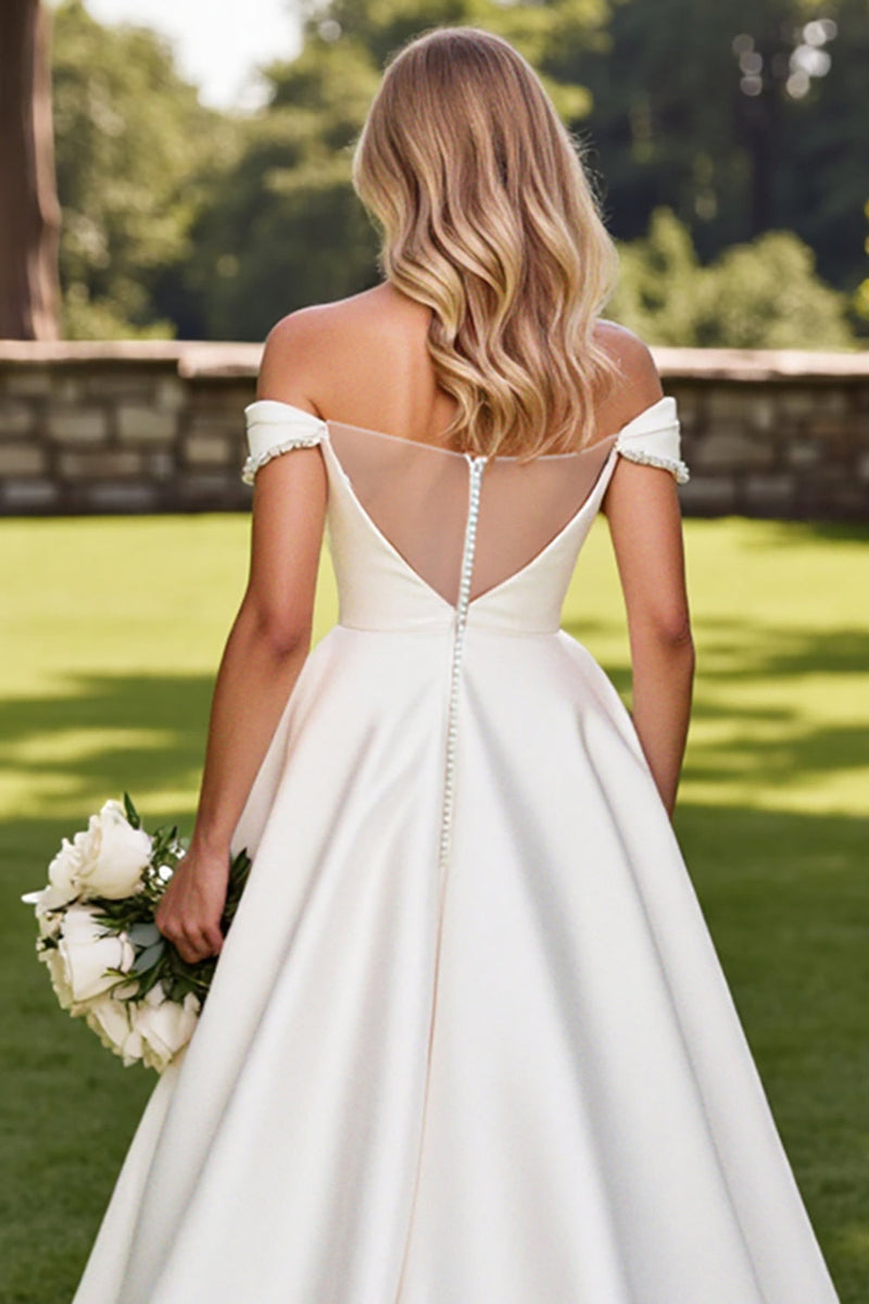 Load image into Gallery viewer, Ivory A-Line Off The Shoulder Satin Wedding Dress with Rhinestones