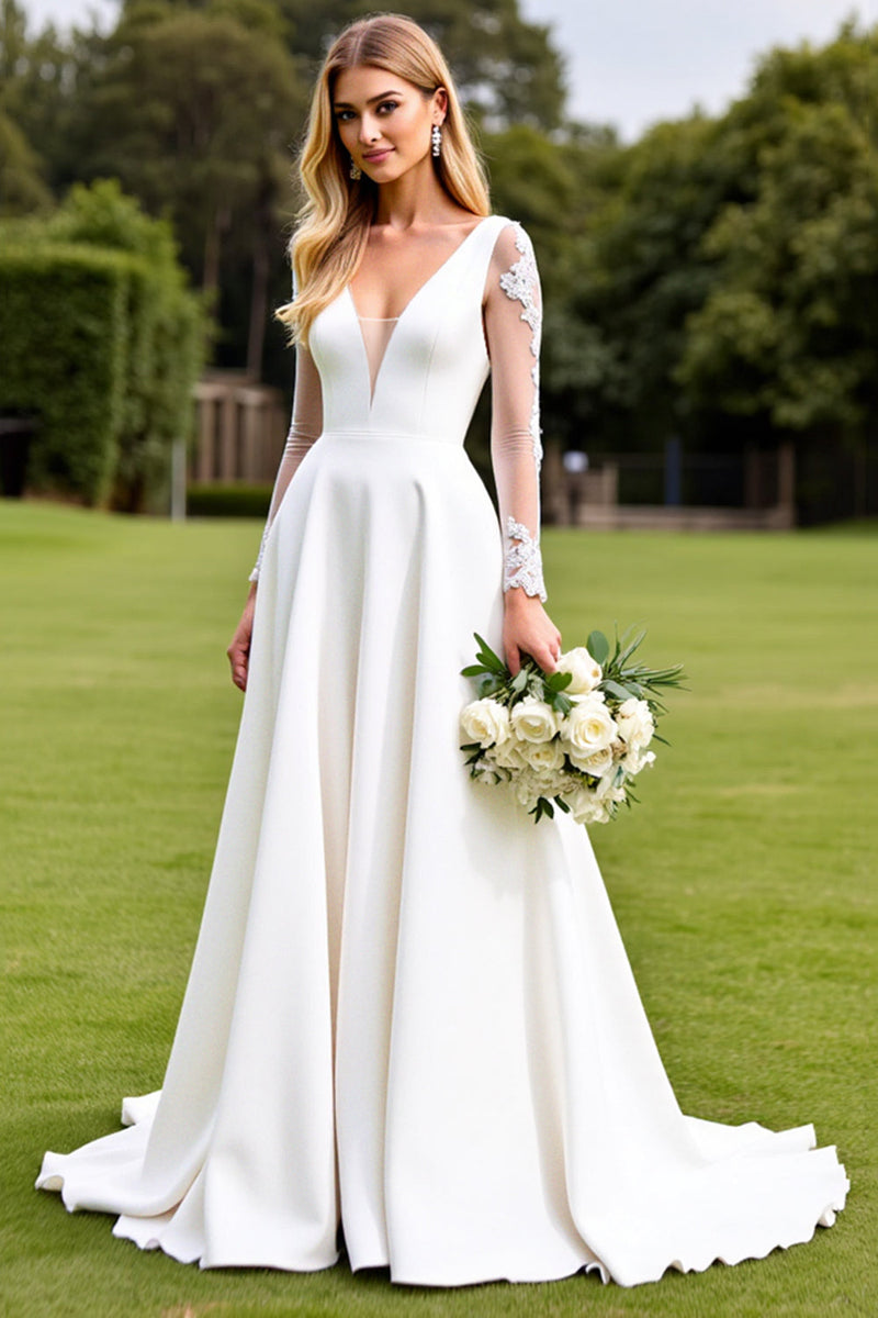 Load image into Gallery viewer, White A-Line Deep V Neck Satin Long Sleeve Wedding Dress With Lace