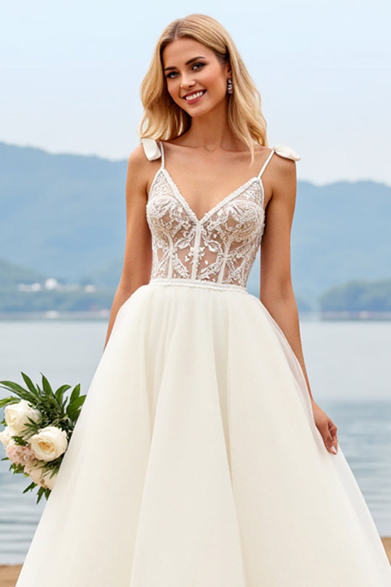Load image into Gallery viewer, Ivory Spaghetti Straps A-Line Laced Tulle Long Bridal Dress