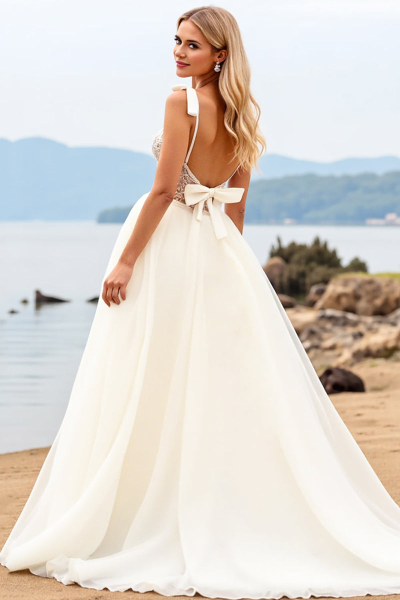 Load image into Gallery viewer, Ivory Spaghetti Straps A-Line Laced Tulle Long Bridal Dress