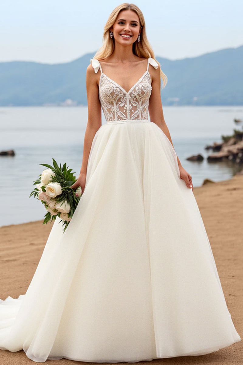 Load image into Gallery viewer, Ivory Spaghetti Straps A-Line Laced Tulle Long Bridal Dress