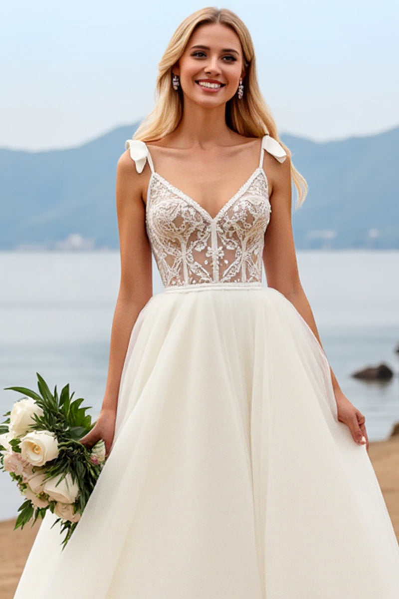 Load image into Gallery viewer, Ivory Spaghetti Straps A-Line Laced Tulle Long Bridal Dress