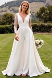 White Deep V Neck Long Sleeve Satin Bridal Jumpsuit