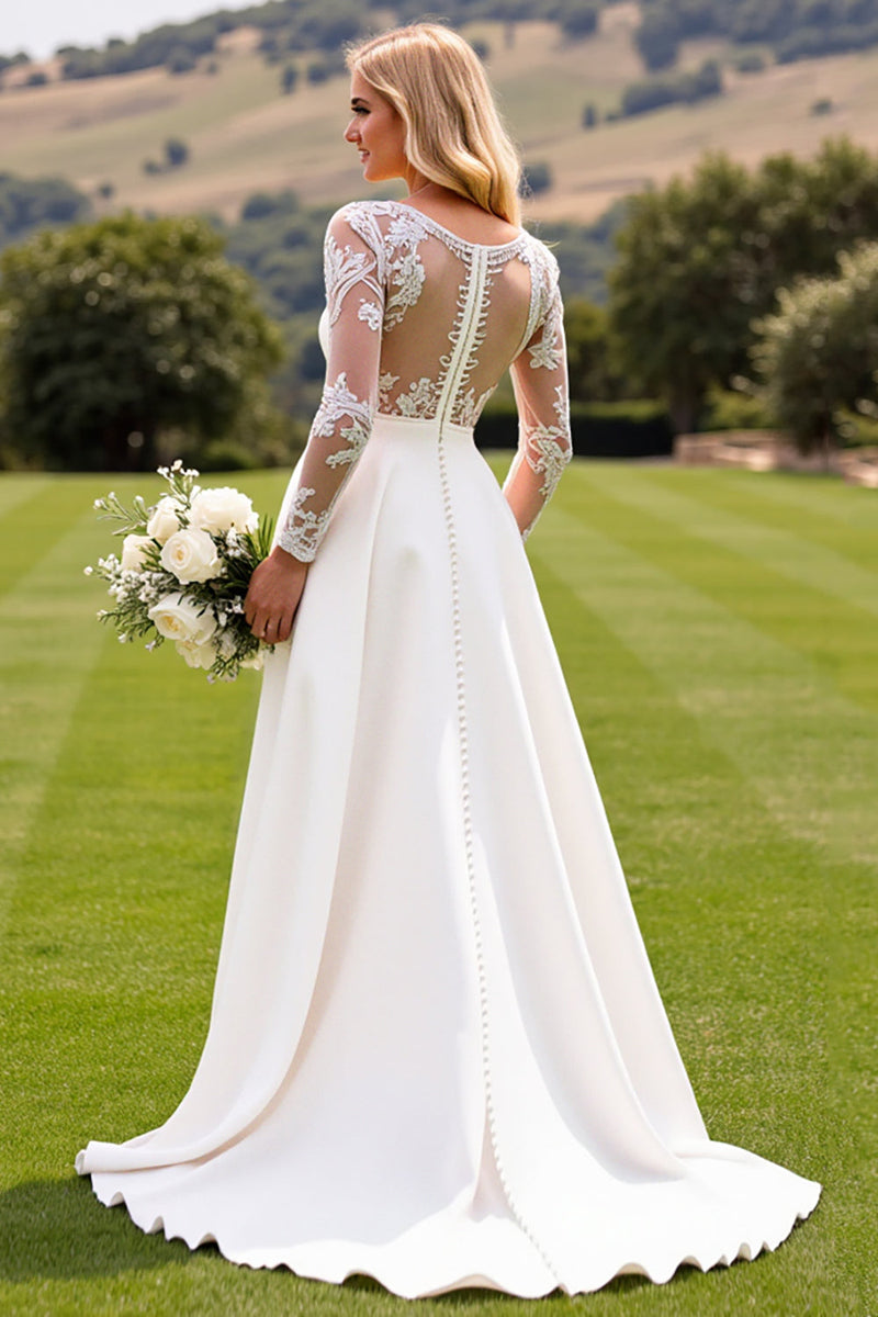 Load image into Gallery viewer, White Deep V Neck Long Sleeve Satin Bridal Jumpsuit