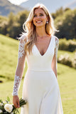 White Deep V Neck Long Sleeve Satin Bridal Jumpsuit