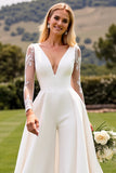 White Deep V Neck Long Sleeve Satin Bridal Jumpsuit