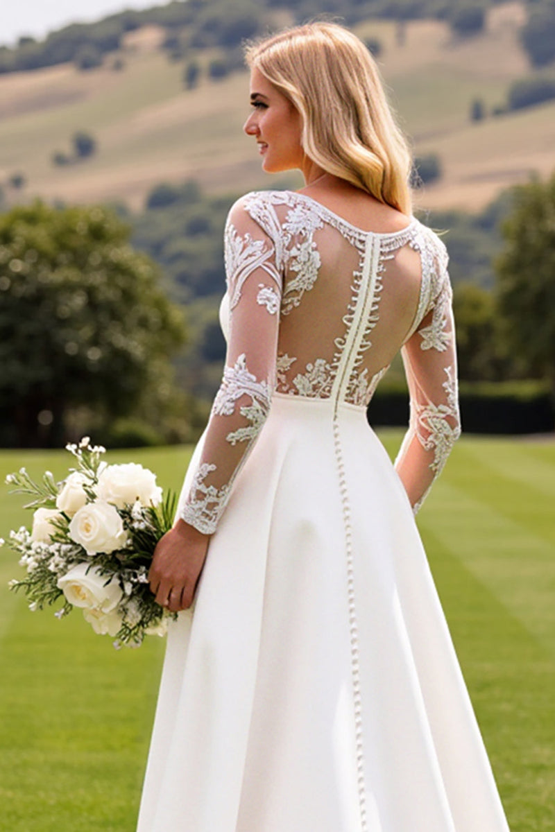Load image into Gallery viewer, White Deep V Neck Long Sleeve Satin Bridal Jumpsuit