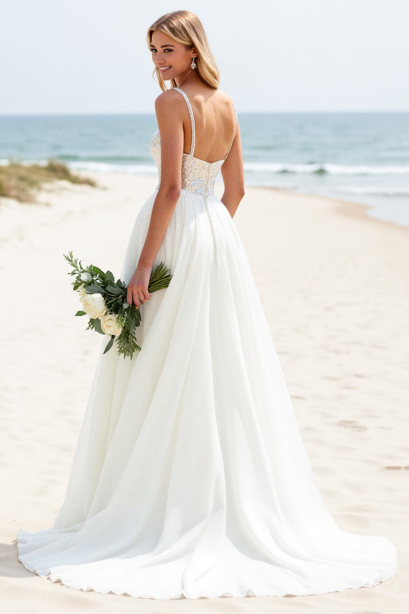 Load image into Gallery viewer, Ivory A-Line Spaghetti Straps Beach Bridal Dress With Sequins