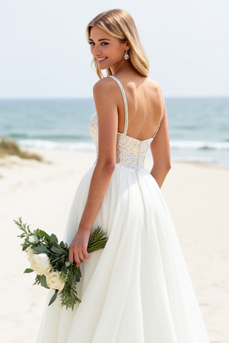 Load image into Gallery viewer, Ivory A-Line Spaghetti Straps Beach Bridal Dress With Sequins
