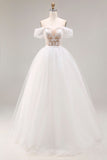 Ivory Off The Shoulder Embroidered Tulle Long Ball Gown Wedding Dress