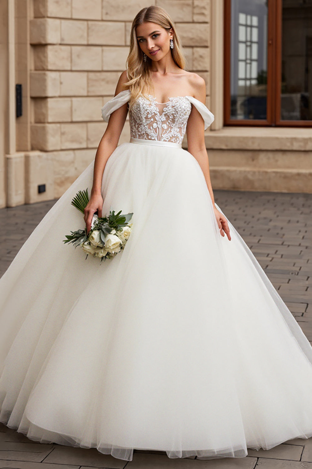 Off The Shoulder A-Line Tulle Ivory Wedding Dress With Appliques