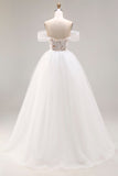 Ivory Off The Shoulder Embroidered Tulle Long Ball Gown Wedding Dress