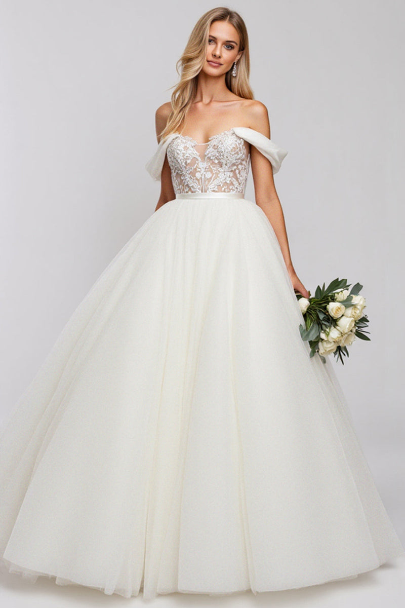 Load image into Gallery viewer, Off The Shoulder A-Line Tulle Ivory Wedding Dress With Appliques