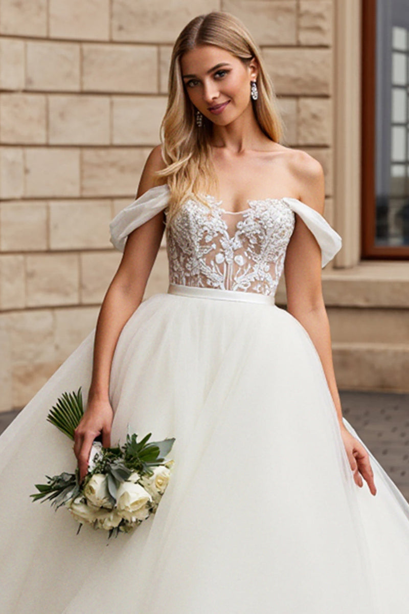 Load image into Gallery viewer, Off The Shoulder A-Line Tulle Ivory Wedding Dress With Appliques