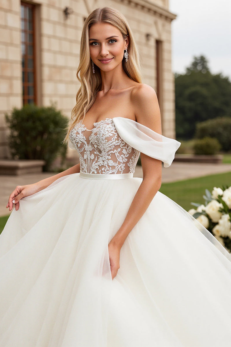 Load image into Gallery viewer, Off The Shoulder A-Line Tulle Ivory Wedding Dress With Appliques
