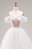 Ivory Off The Shoulder Embroidered Tulle Long Ball Gown Wedding Dress