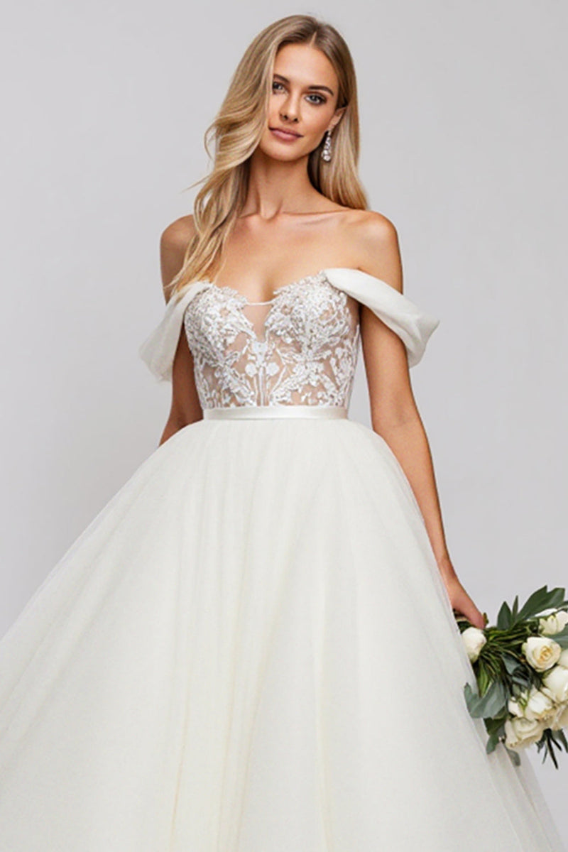 Load image into Gallery viewer, Off The Shoulder A-Line Tulle Ivory Wedding Dress With Appliques