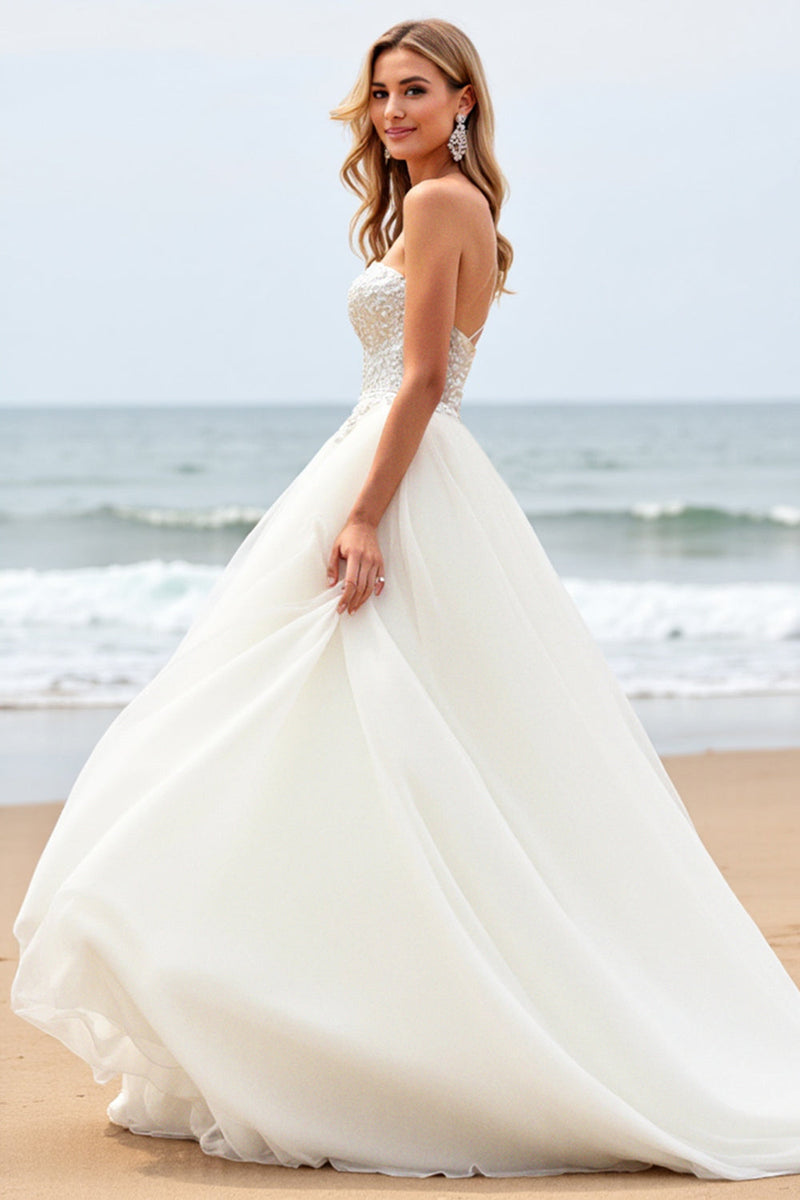 Load image into Gallery viewer, Strapless Ivory A-Line Corset Tulle Wedding Dress With Appliques