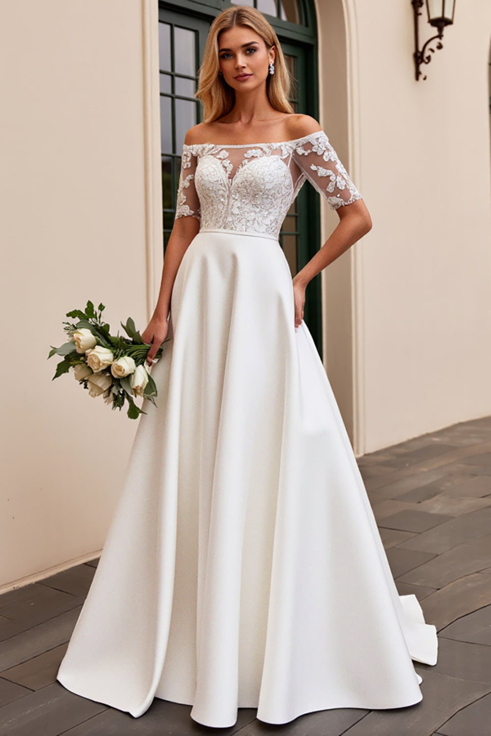 Ivory A Line Off The Shoulder Lace Long Wedding Dress