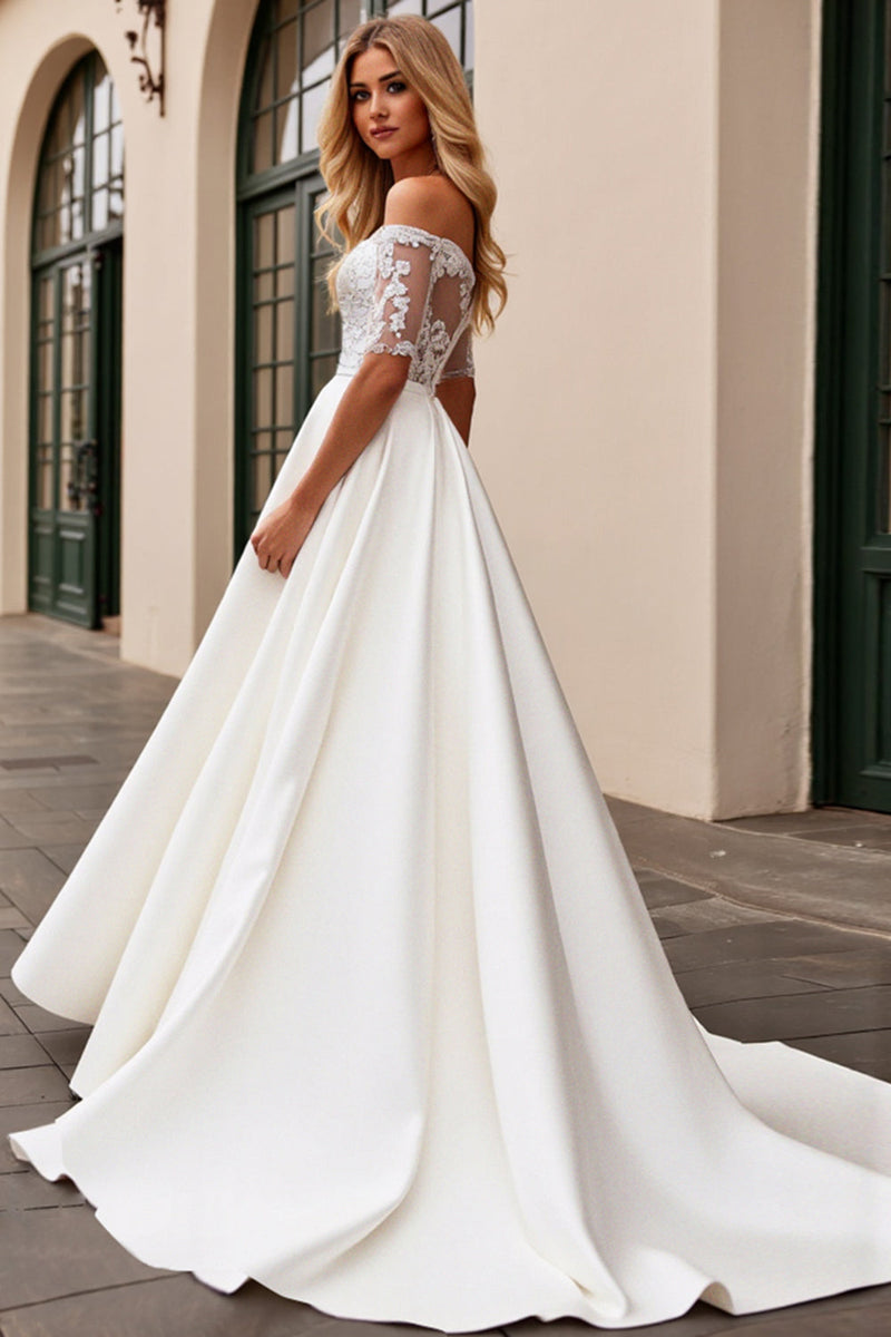 Load image into Gallery viewer, Ivory A Line Off The Shoulder Lace Long Wedding Dress