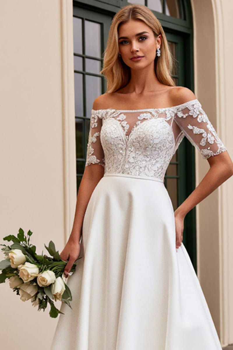 Load image into Gallery viewer, Ivory A Line Off The Shoulder Lace Long Wedding Dress