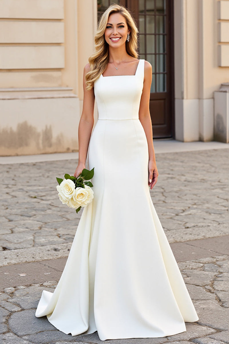 Load image into Gallery viewer, Simple Ivory Mermaid Square Neck Satin Wedding Dress