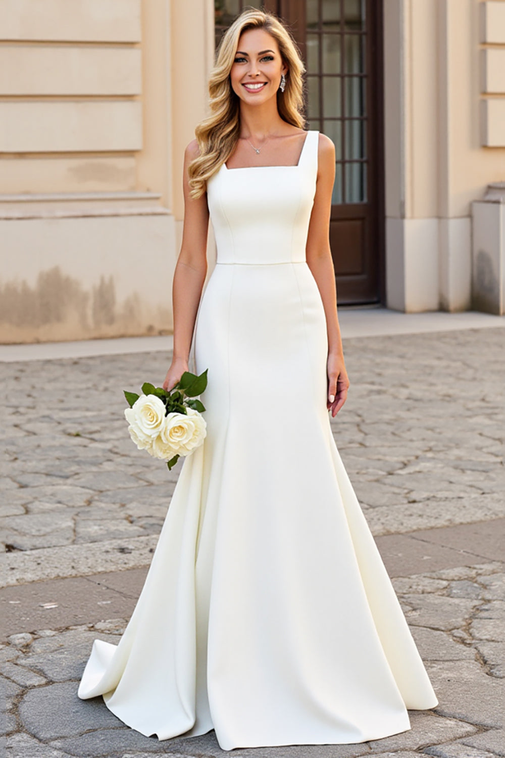 Simple Ivory Mermaid Square Neck Satin Wedding Dress