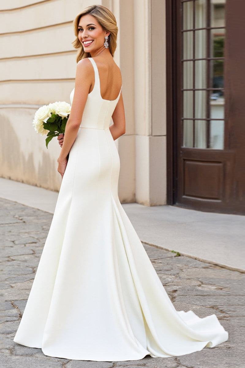 Load image into Gallery viewer, Simple Ivory Mermaid Square Neck Satin Wedding Dress