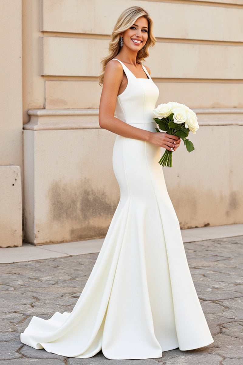 Load image into Gallery viewer, Simple Ivory Mermaid Square Neck Satin Wedding Dress