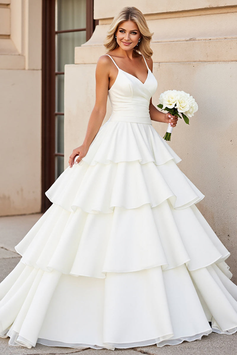 Load image into Gallery viewer, Princess Ivory Spaghetti Straps Ruffled Satin Wedding Dress