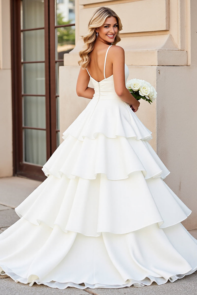 Load image into Gallery viewer, Princess Ivory Spaghetti Straps Ruffled Satin Wedding Dress