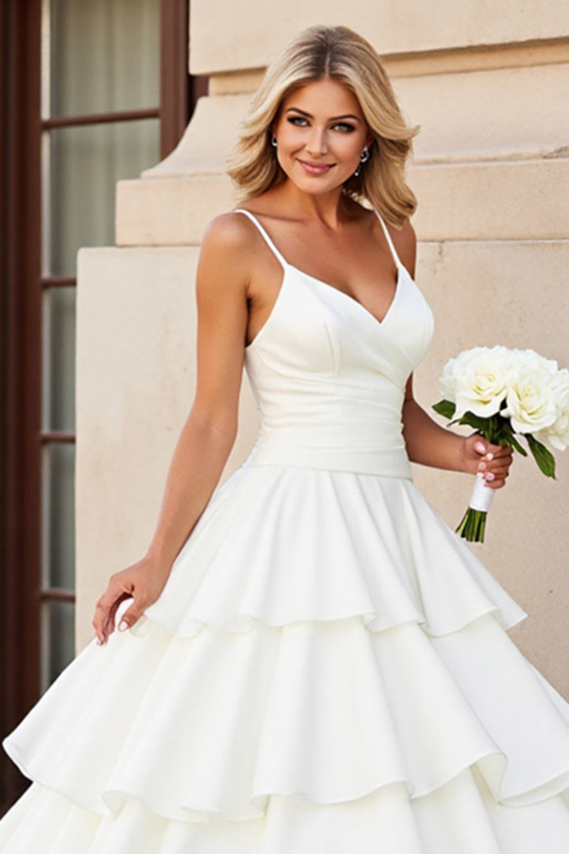 Load image into Gallery viewer, Princess Ivory Spaghetti Straps Ruffled Satin Wedding Dress