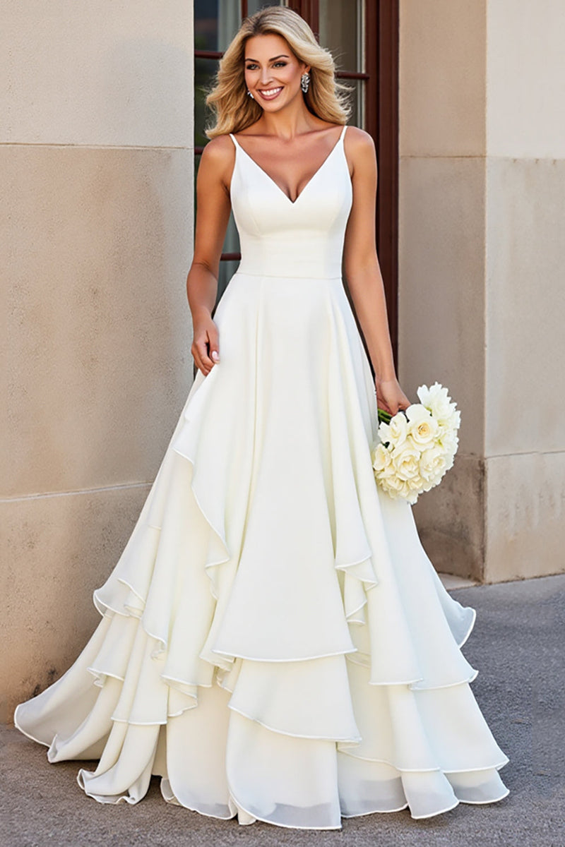 Load image into Gallery viewer, White A-line Spaghetti Straps Tiered Ruffled Wedding Dress