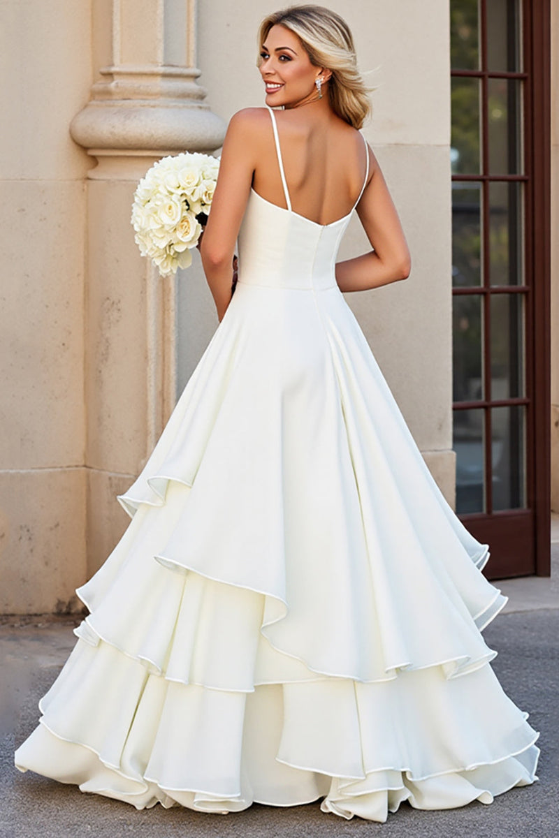 Load image into Gallery viewer, White A-line Spaghetti Straps Tiered Ruffled Wedding Dress
