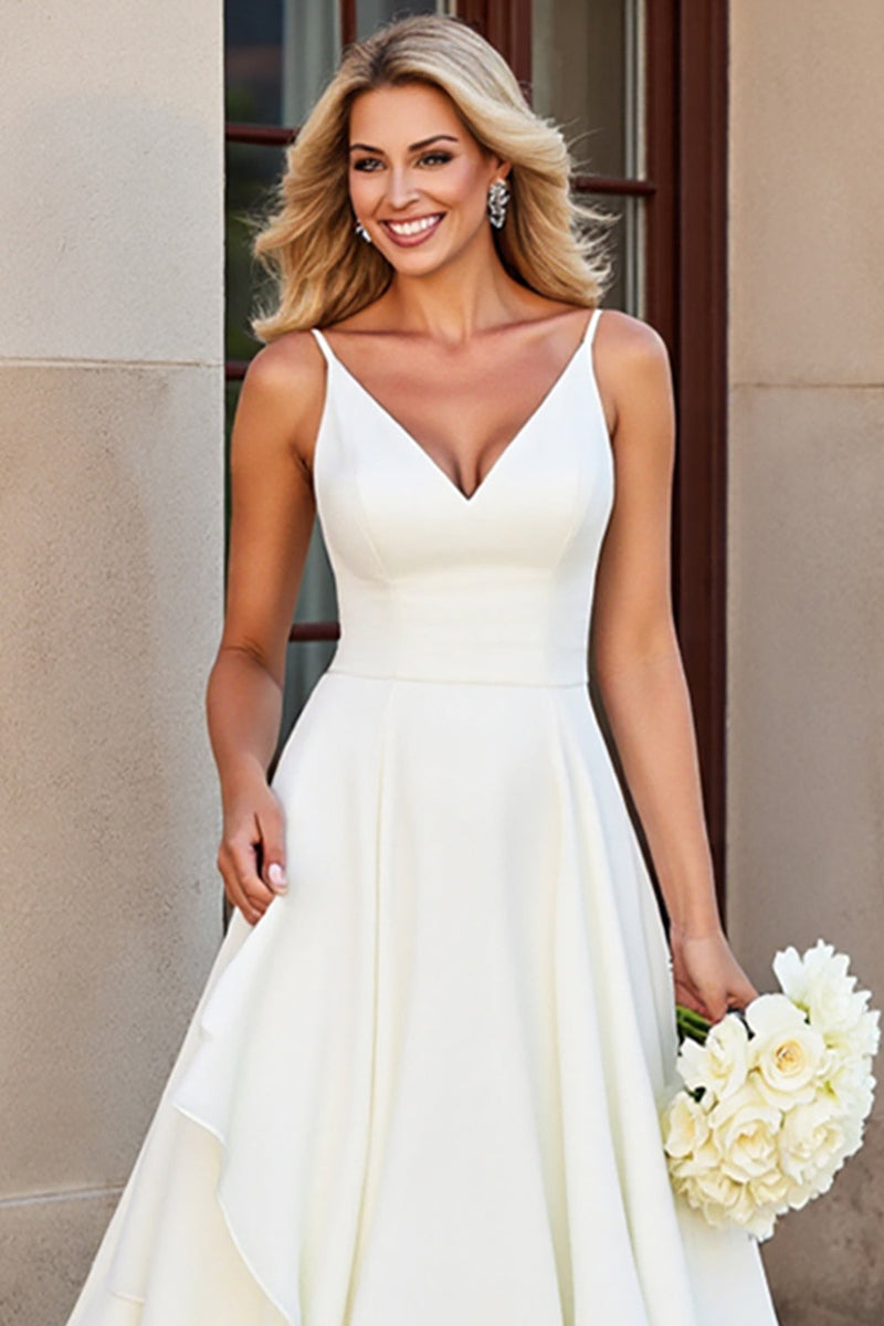 Load image into Gallery viewer, White A-line Spaghetti Straps Tiered Ruffled Wedding Dress
