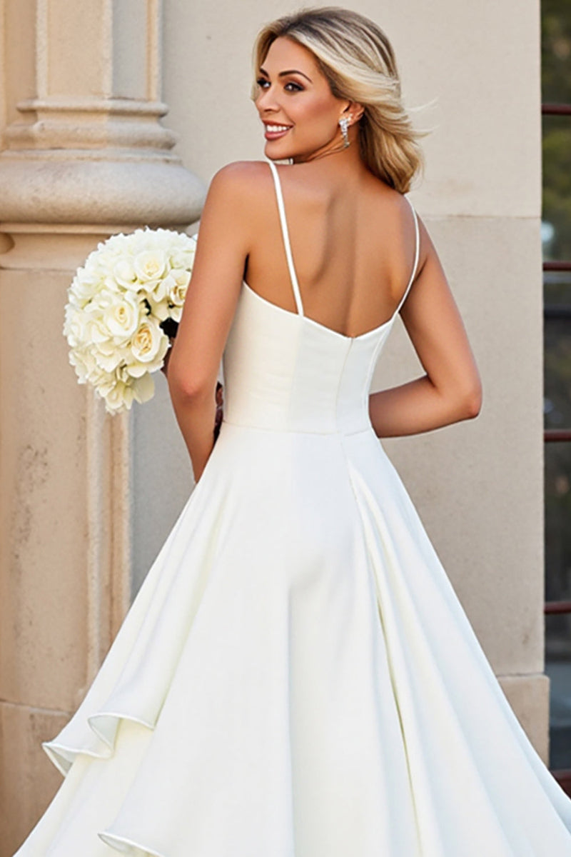 Load image into Gallery viewer, White A-line Spaghetti Straps Tiered Ruffled Wedding Dress