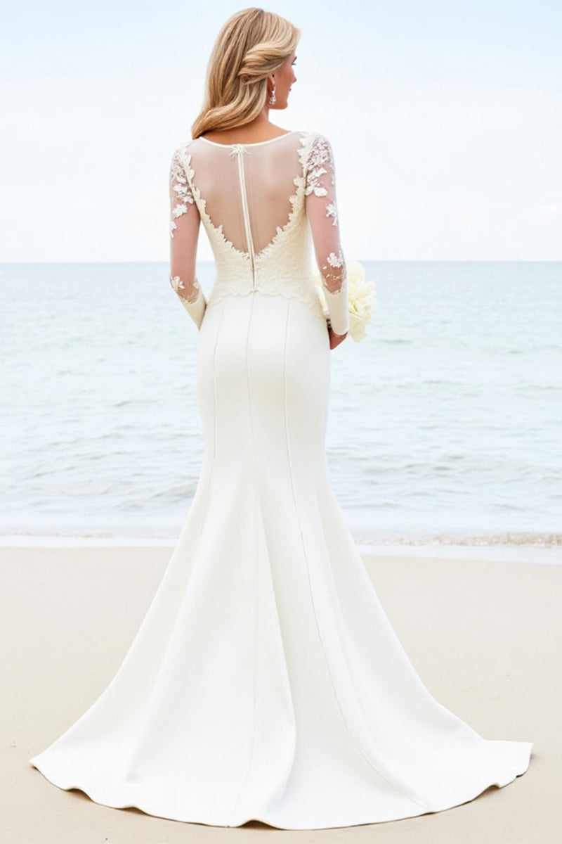 Load image into Gallery viewer, Ivory Illusion Neck Mermaid Satin Long Sleeve Wedding Dress With Appliques