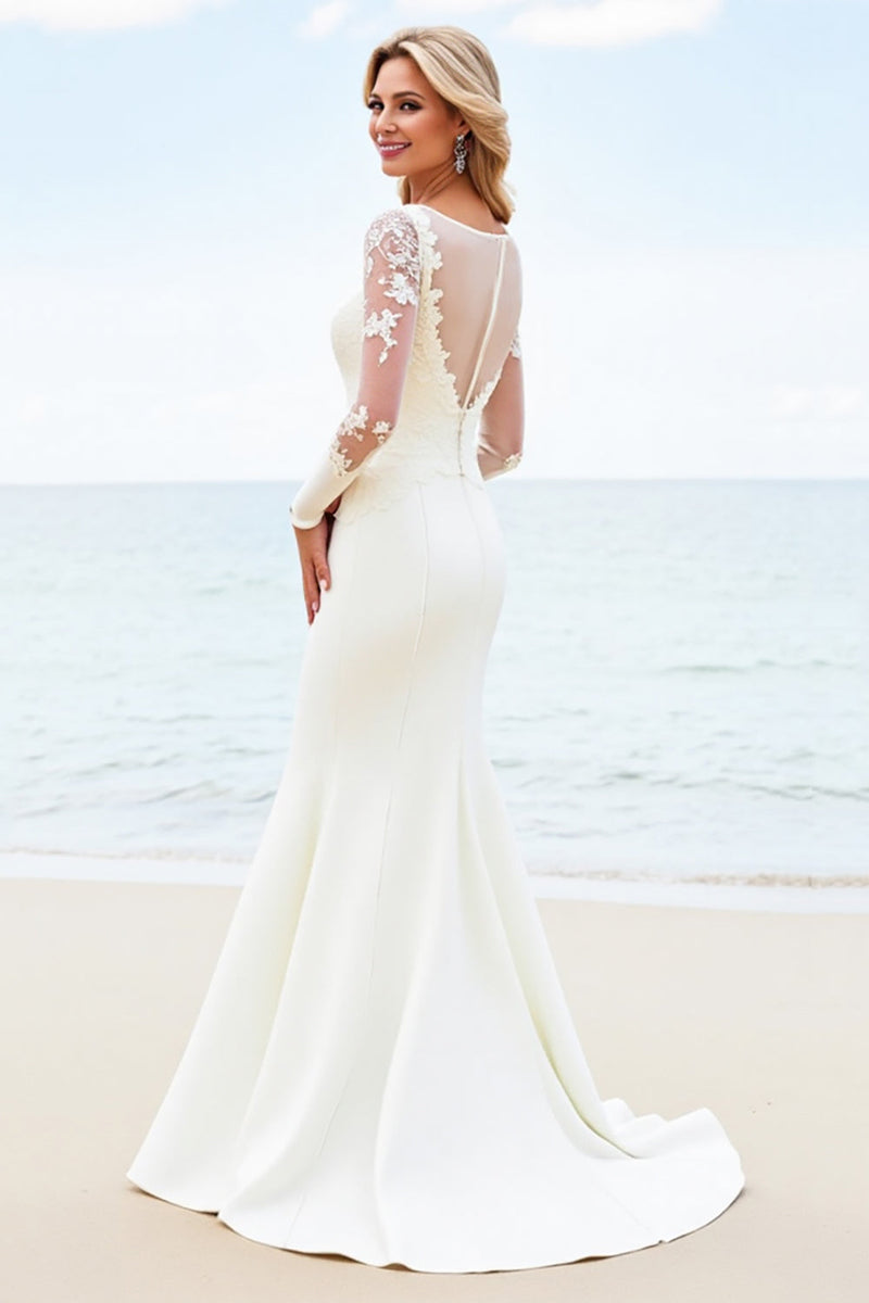 Load image into Gallery viewer, Ivory Illusion Neck Mermaid Satin Long Sleeve Wedding Dress With Appliques