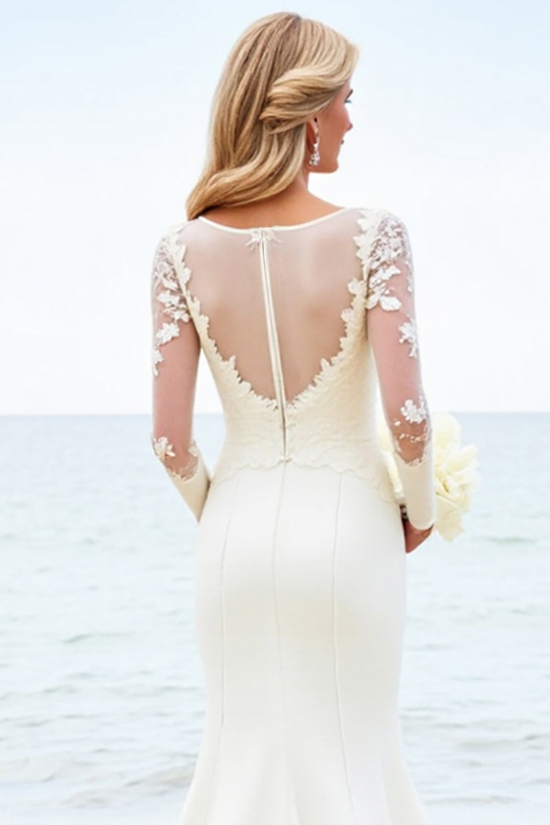 Load image into Gallery viewer, Ivory Illusion Neck Mermaid Satin Long Sleeve Wedding Dress With Appliques