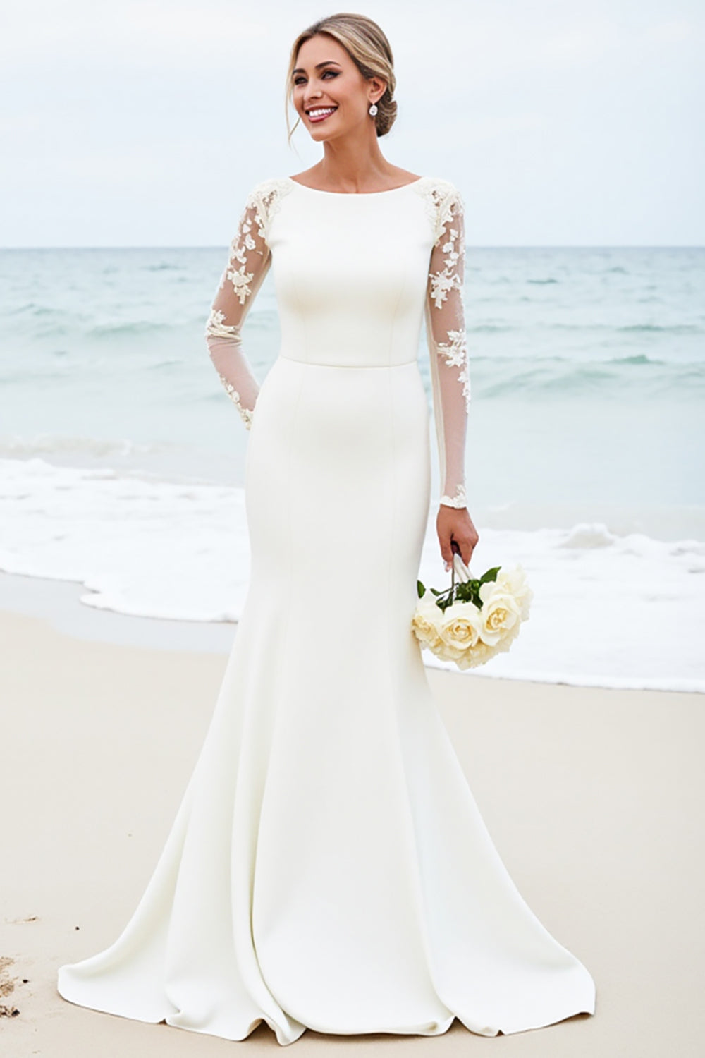 Ivory Mermaid Satin Long Sleeve Wedding Dress With Lace